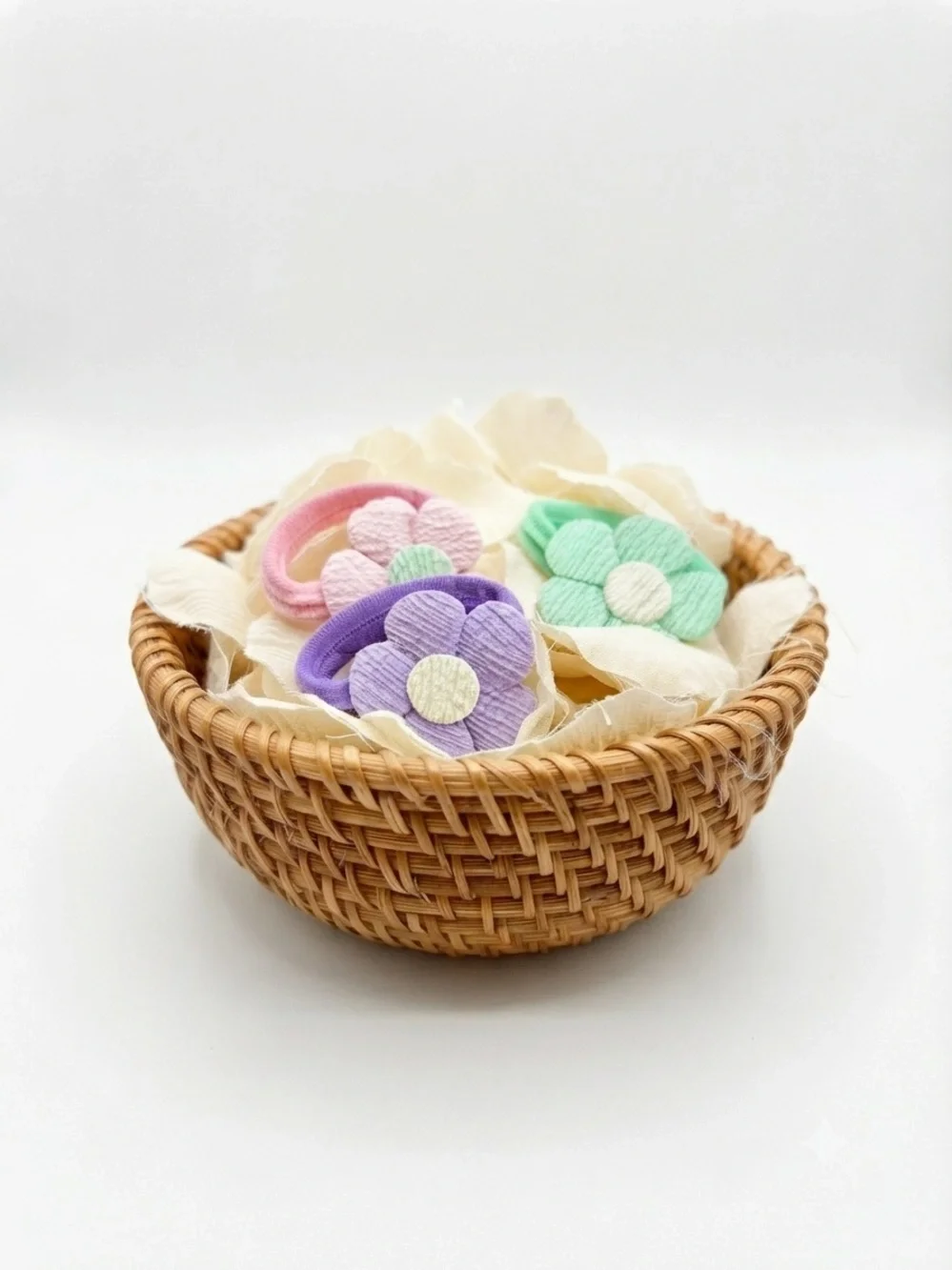 Set of 3 Handmade Fabric Flower Hair Ties, Pastel Textured Pony Holders
